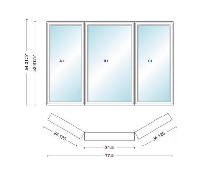 Andersen 400 Series Casement Bay Window Left-Stationary-Right 77 1/2" Wide Casement With Casement Flankers 30 Degree Angle Of Deflection Vinyl Exterior Wood Interior Low-E4 Dual Pane Argon Gas