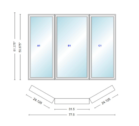 Andersen 400 Series Casement Bay Window Left-Stationary-Right 77 1/2" Wide Casement With Casement Flankers 30 Degree Angle Of Deflection Vinyl Exterior Wood Interior Low-E4 Dual Pane Argon Gas