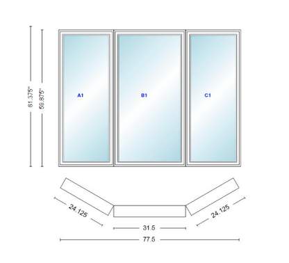 Andersen 400 Series Casement Bay Window Left-Stationary-Right 77 1/2" Wide Casement With Casement Flankers 30 Degree Angle Of Deflection Vinyl Exterior Wood Interior Low-E4 Dual Pane Argon Gas