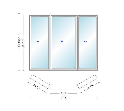 Andersen 400 Series Casement Bay Window Left-Stationary-Right 77 1/2" Wide Casement With Casement Flankers 30 Degree Angle Of Deflection Vinyl Exterior Wood Interior Low-E4 Dual Pane Argon Gas