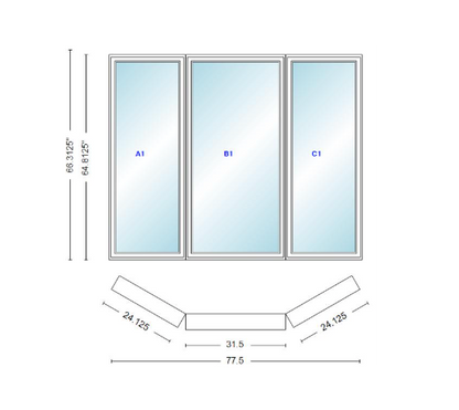 Andersen 400 Series Casement Bay Window Left-Stationary-Right 77 1/2" Wide Casement With Casement Flankers 30 Degree Angle Of Deflection Vinyl Exterior Wood Interior Low-E4 Dual Pane Argon Gas