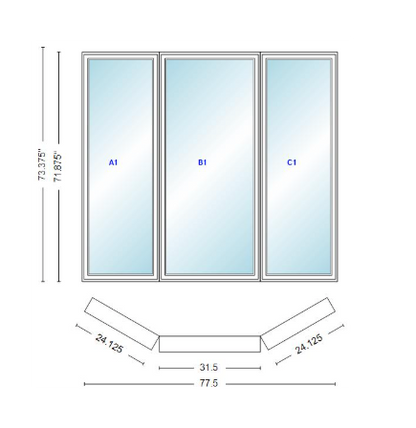 Andersen 400 Series Casement Bay Window Left-Stationary-Right 77 1/2" Wide Casement With Casement Flankers 30 Degree Angle Of Deflection Vinyl Exterior Wood Interior Low-E4 Dual Pane Argon Gas