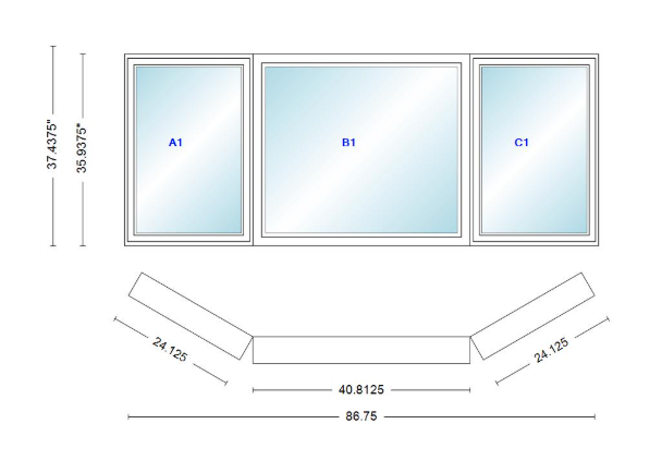 Andersen 400 Series Casement Bay Window Left-Stationary-Right 86 3/4" Wide Picture With Casement Flankers 30 Degree Angle Of Deflection Vinyl Exterior Wood Interior Low-E4 Dual Pane Argon Gas