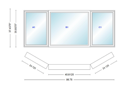 Andersen 400 Series Casement Bay Window Left-Stationary-Right 86 3/4" Wide Picture With Casement Flankers 30 Degree Angle Of Deflection Vinyl Exterior Wood Interior Low-E4 Dual Pane Argon Gas