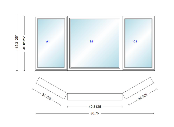 Andersen 400 Series Casement Bay Window Left-Stationary-Right 86 3/4" Wide Picture With Casement Flankers 30 Degree Angle Of Deflection Vinyl Exterior Wood Interior Low-E4 Dual Pane Argon Gas