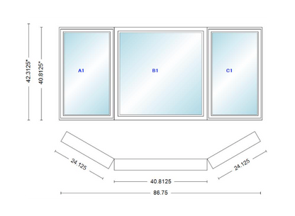 Andersen 400 Series Casement Bay Window Left-Stationary-Right 86 3/4" Wide Picture With Casement Flankers 30 Degree Angle Of Deflection Vinyl Exterior Wood Interior Low-E4 Dual Pane Argon Gas