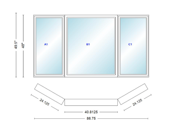 Andersen 400 Series Casement Bay Window Left-Stationary-Right 86 3/4" Wide Picture With Casement Flankers 30 Degree Angle Of Deflection Vinyl Exterior Wood Interior Low-E4 Dual Pane Argon Gas