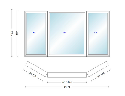 Andersen 400 Series Casement Bay Window Left-Stationary-Right 86 3/4" Wide Picture With Casement Flankers 30 Degree Angle Of Deflection Vinyl Exterior Wood Interior Low-E4 Dual Pane Argon Gas