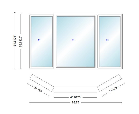 Andersen 400 Series Casement Bay Window Left-Stationary-Right 86 3/4" Wide Picture With Casement Flankers 30 Degree Angle Of Deflection Vinyl Exterior Wood Interior Low-E4 Dual Pane Argon Gas