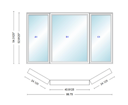 Andersen 400 Series Casement Bay Window Left-Stationary-Right 86 3/4" Wide Picture With Casement Flankers 30 Degree Angle Of Deflection Vinyl Exterior Wood Interior Low-E4 Dual Pane Argon Gas