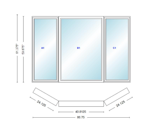 Andersen 400 Series Casement Bay Window Left-Stationary-Right 86 3/4" Wide Picture With Casement Flankers 30 Degree Angle Of Deflection Vinyl Exterior Wood Interior Low-E4 Dual Pane Argon Gas