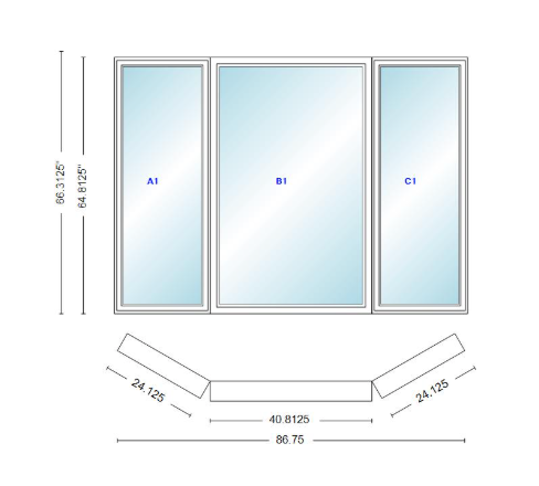 Andersen 400 Series Casement Bay Window Left-Stationary-Right 86 3/4" Wide Picture With Casement Flankers 30 Degree Angle Of Deflection Vinyl Exterior Wood Interior Low-E4 Dual Pane Argon Gas