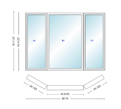 Andersen 400 Series Casement Bay Window Left-Stationary-Right 86 3/4" Wide Picture With Casement Flankers 30 Degree Angle Of Deflection Vinyl Exterior Wood Interior Low-E4 Dual Pane Argon Gas