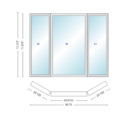 Andersen 400 Series Casement Bay Window Left-Stationary-Right 86 3/4" Wide Picture With Casement Flankers 30 Degree Angle Of Deflection Vinyl Exterior Wood Interior Low-E4 Dual Pane Argon Gas