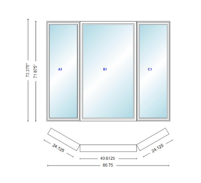 Andersen 400 Series Casement Bay Window Left-Stationary-Right 86 3/4" Wide Picture With Casement Flankers 30 Degree Angle Of Deflection Vinyl Exterior Wood Interior Low-E4 Dual Pane Argon Gas