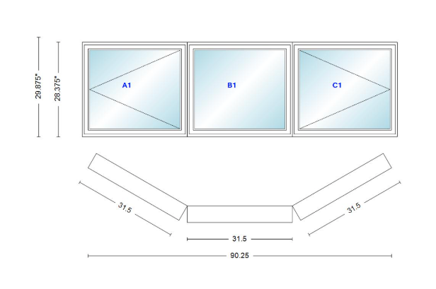 Andersen 400 Series Casement Bay Window Left-Stationary-Right 90 1/4" Wide Casement With Casement Flankers 30 Degree Angle Of Deflection Vinyl Exterior Wood Interior Low-E4 Dual Pane Argon Gas