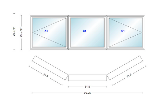 Andersen 400 Series Casement Bay Window Left-Stationary-Right 90 1/4" Wide Casement With Casement Flankers 30 Degree Angle Of Deflection Vinyl Exterior Wood Interior Low-E4 Dual Pane Argon Gas