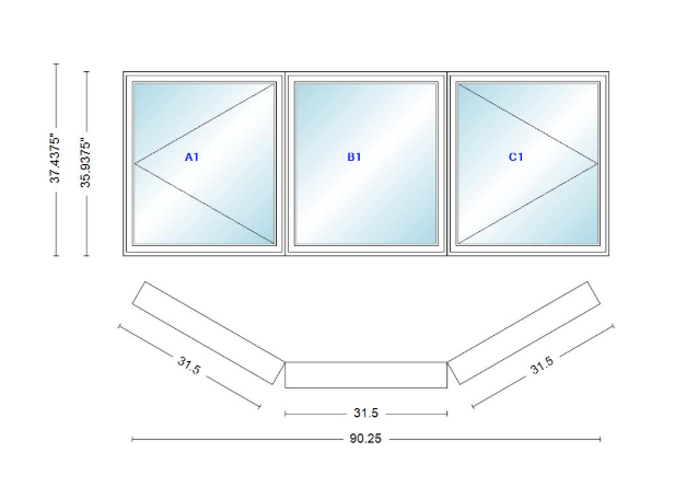 Andersen 400 Series Casement Bay Window Left-Stationary-Right 90 1/4" Wide Casement With Casement Flankers 30 Degree Angle Of Deflection Vinyl Exterior Wood Interior Low-E4 Dual Pane Argon Gas