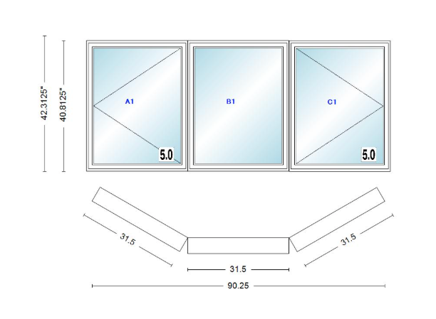 Andersen 400 Series Casement Bay Window Left-Stationary-Right 90 1/4" Wide Casement With Casement Flankers 30 Degree Angle Of Deflection Vinyl Exterior Wood Interior Low-E4 Dual Pane Argon Gas