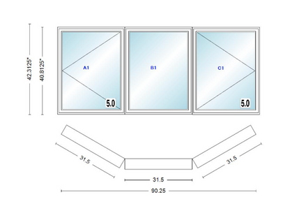 Andersen 400 Series Casement Bay Window Left-Stationary-Right 90 1/4" Wide Casement With Casement Flankers 30 Degree Angle Of Deflection Vinyl Exterior Wood Interior Low-E4 Dual Pane Argon Gas