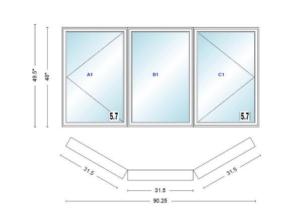 Andersen 400 Series Casement Bay Window Left-Stationary-Right 90 1/4" Wide Casement With Casement Flankers 30 Degree Angle Of Deflection Vinyl Exterior Wood Interior Low-E4 Dual Pane Argon Gas