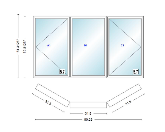 Andersen 400 Series Casement Bay Window Left-Stationary-Right 90 1/4" Wide Casement With Casement Flankers 30 Degree Angle Of Deflection Vinyl Exterior Wood Interior Low-E4 Dual Pane Argon Gas