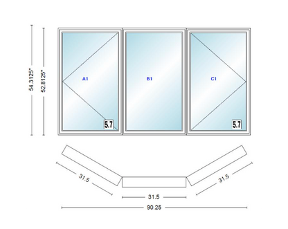 Andersen 400 Series Casement Bay Window Left-Stationary-Right 90 1/4" Wide Casement With Casement Flankers 30 Degree Angle Of Deflection Vinyl Exterior Wood Interior Low-E4 Dual Pane Argon Gas