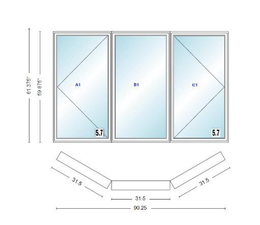 Andersen 400 Series Casement Bay Window Left-Stationary-Right 90 1/4" Wide Casement With Casement Flankers 30 Degree Angle Of Deflection Vinyl Exterior Wood Interior Low-E4 Dual Pane Argon Gas