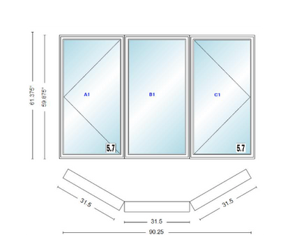 Andersen 400 Series Casement Bay Window Left-Stationary-Right 90 1/4" Wide Casement With Casement Flankers 30 Degree Angle Of Deflection Vinyl Exterior Wood Interior Low-E4 Dual Pane Argon Gas