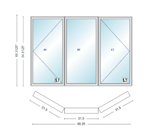 Andersen 400 Series Casement Bay Window Left-Stationary-Right 90 1/4" Wide Casement With Casement Flankers 30 Degree Angle Of Deflection Vinyl Exterior Wood Interior Low-E4 Dual Pane Argon Gas