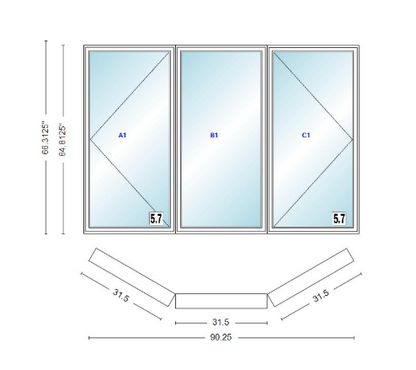 Andersen 400 Series Casement Bay Window Left-Stationary-Right 90 1/4" Wide Casement With Casement Flankers 30 Degree Angle Of Deflection Vinyl Exterior Wood Interior Low-E4 Dual Pane Argon Gas