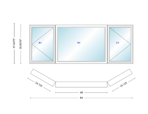 Andersen 400 Series Casement Bay Window Left-Stationary-Right 94" Wide Picture With Casement Flankers 30 Degree Angle Of Deflection Vinyl Exterior Wood Interior Low-E4 Dual Pane Argon Gas