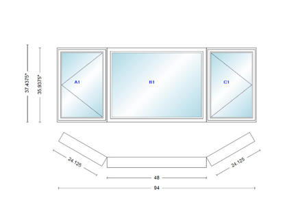 Andersen 400 Series Casement Bay Window Left-Stationary-Right 94" Wide Picture With Casement Flankers 30 Degree Angle Of Deflection Vinyl Exterior Wood Interior Low-E4 Dual Pane Argon Gas
