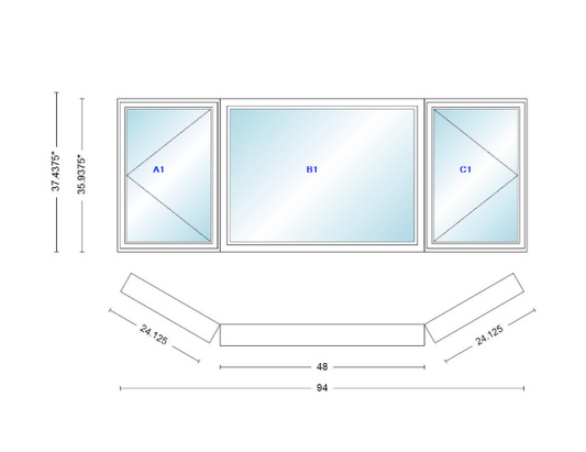 Andersen 400 Series Casement Bay Window Left-Stationary-Right 94" Wide Picture With Casement Flankers 30 Degree Angle Of Deflection Vinyl Exterior Wood Interior Low-E4 Dual Pane Argon Gas