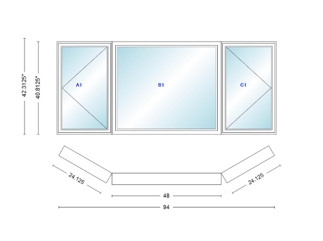 Andersen 400 Series Casement Bay Window Left-Stationary-Right 94" Wide Picture With Casement Flankers 30 Degree Angle Of Deflection Vinyl Exterior Wood Interior Low-E4 Dual Pane Argon Gas