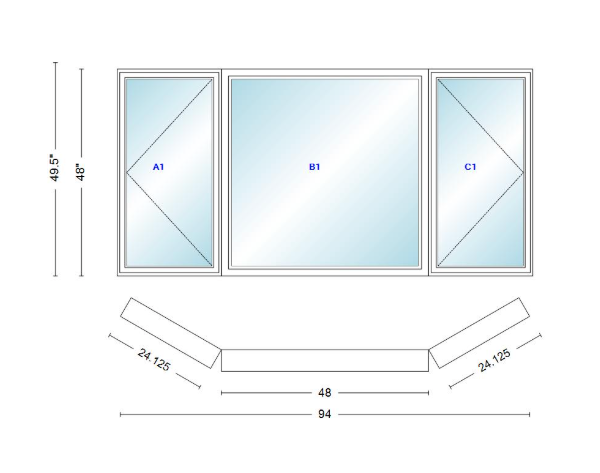 Andersen 400 Series Casement Bay Window Left-Stationary-Right 94" Wide Picture With Casement Flankers 30 Degree Angle Of Deflection Vinyl Exterior Wood Interior Low-E4 Dual Pane Argon Gas
