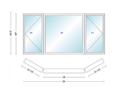 Andersen 400 Series Casement Bay Window Left-Stationary-Right 94" Wide Picture With Casement Flankers 30 Degree Angle Of Deflection Vinyl Exterior Wood Interior Low-E4 Dual Pane Argon Gas
