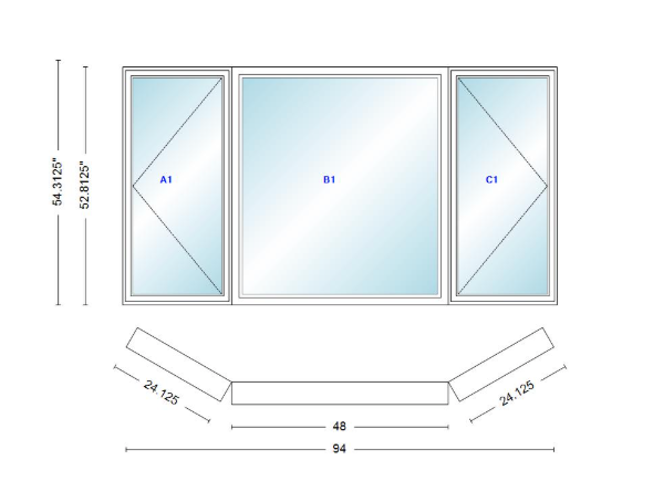 Andersen 400 Series Casement Bay Window Left-Stationary-Right 94" Wide Picture With Casement Flankers 30 Degree Angle Of Deflection Vinyl Exterior Wood Interior Low-E4 Dual Pane Argon Gas