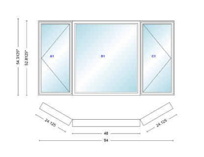Andersen 400 Series Casement Bay Window Left-Stationary-Right 94" Wide Picture With Casement Flankers 30 Degree Angle Of Deflection Vinyl Exterior Wood Interior Low-E4 Dual Pane Argon Gas