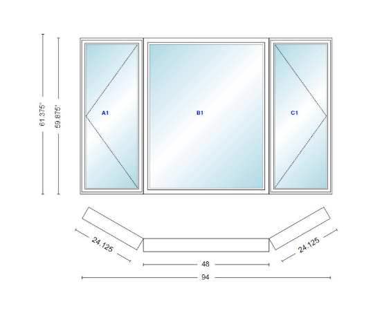 Andersen 400 Series Casement Bay Window Left-Stationary-Right 94" Wide Picture With Casement Flankers 30 Degree Angle Of Deflection Vinyl Exterior Wood Interior Low-E4 Dual Pane Argon Gas