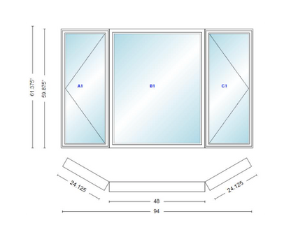 Andersen 400 Series Casement Bay Window Left-Stationary-Right 94" Wide Picture With Casement Flankers 30 Degree Angle Of Deflection Vinyl Exterior Wood Interior Low-E4 Dual Pane Argon Gas
