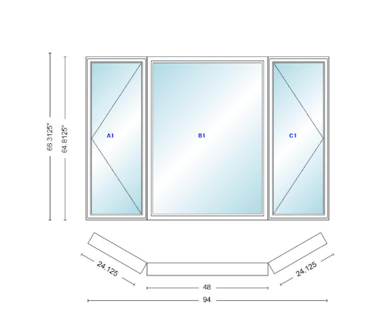 Andersen 400 Series Casement Bay Window Left-Stationary-Right 94" Wide Picture With Casement Flankers 30 Degree Angle Of Deflection Vinyl Exterior Wood Interior Low-E4 Dual Pane Argon Gas