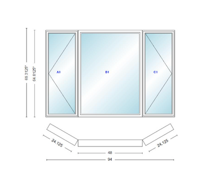 Andersen 400 Series Casement Bay Window Left-Stationary-Right 94" Wide Picture With Casement Flankers 30 Degree Angle Of Deflection Vinyl Exterior Wood Interior Low-E4 Dual Pane Argon Gas