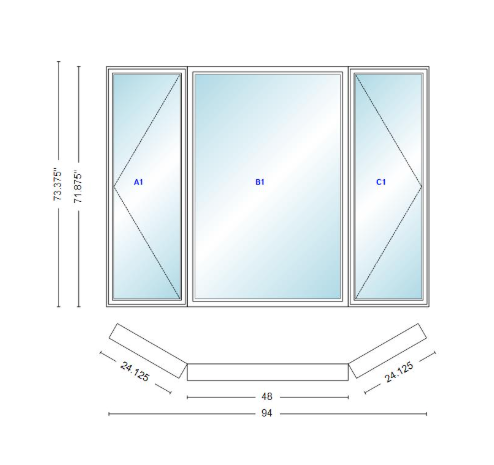 Andersen 400 Series Casement Bay Window Left-Stationary-Right 94" Wide Picture With Casement Flankers 30 Degree Angle Of Deflection Vinyl Exterior Wood Interior Low-E4 Dual Pane Argon Gas