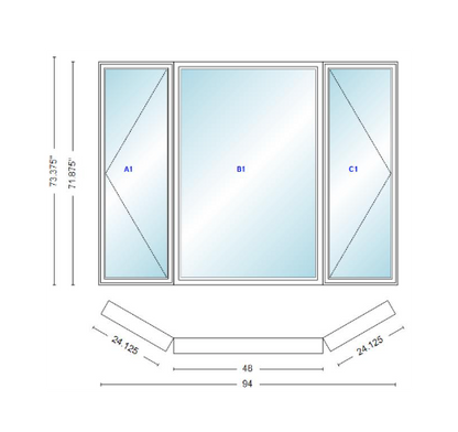Andersen 400 Series Casement Bay Window Left-Stationary-Right 94" Wide Picture With Casement Flankers 30 Degree Angle Of Deflection Vinyl Exterior Wood Interior Low-E4 Dual Pane Argon Gas