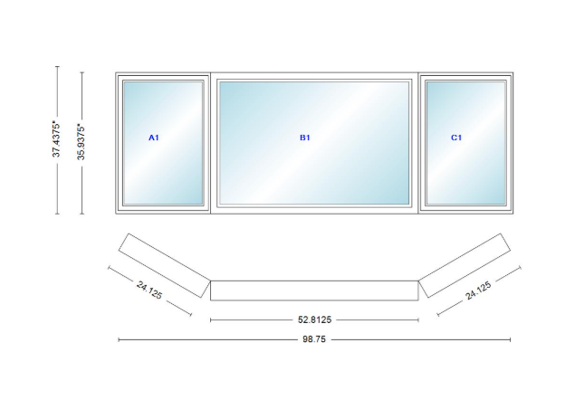 Andersen 400 Series Casement Bay Window Left-Stationary-Right 98 3/4" Wide Picture With Casement Flankers 30 Degree Angle Of Deflection Vinyl Exterior Wood Interior Low-E4 Dual Pane Argon Gas