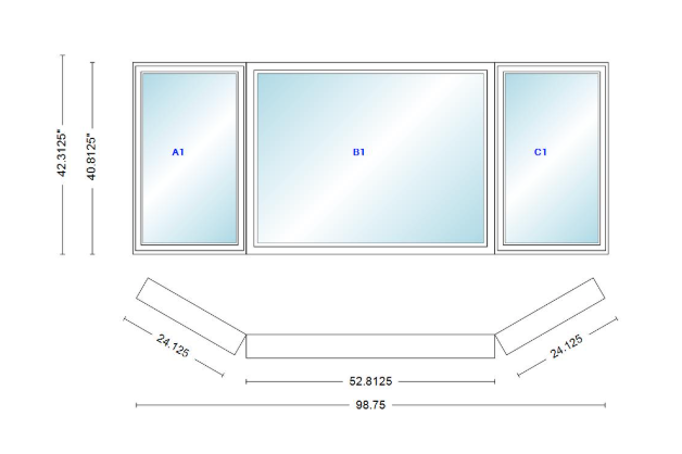 Andersen 400 Series Casement Bay Window Left-Stationary-Right 98 3/4" Wide Picture With Casement Flankers 30 Degree Angle Of Deflection Vinyl Exterior Wood Interior Low-E4 Dual Pane Argon Gas