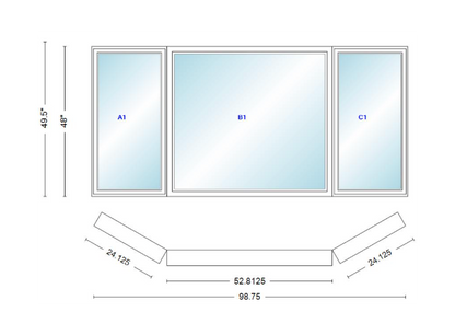 Andersen 400 Series Casement Bay Window Left-Stationary-Right 98 3/4" Wide Picture With Casement Flankers 30 Degree Angle Of Deflection Vinyl Exterior Wood Interior Low-E4 Dual Pane Argon Gas
