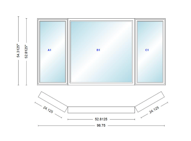 Andersen 400 Series Casement Bay Window Left-Stationary-Right 98 3/4" Wide Picture With Casement Flankers 30 Degree Angle Of Deflection Vinyl Exterior Wood Interior Low-E4 Dual Pane Argon Gas