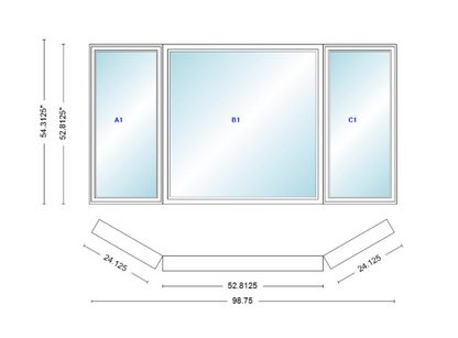 Andersen 400 Series Casement Bay Window Left-Stationary-Right 98 3/4" Wide Picture With Casement Flankers 30 Degree Angle Of Deflection Vinyl Exterior Wood Interior Low-E4 Dual Pane Argon Gas